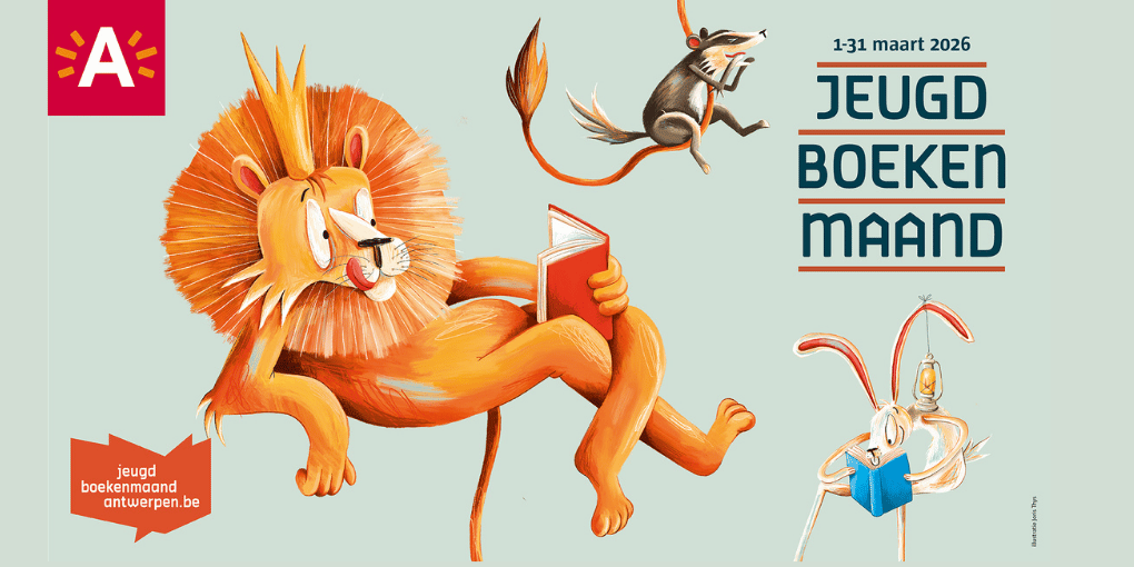 Campagnebeeld Jeugdboekenmaand Antwerpen 2026 thema dieren (leeuw, haas en cavia) Campagnebeeld Jeugdboekenmaand Antwerpen 2026 thema dieren (leeuw, haas en cavia)